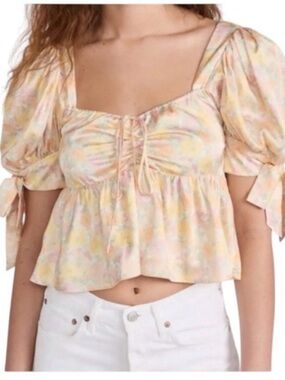 Wayf Terry Crop Top Sweetheart Neck Floral Smocked Back Bowed Sleeves